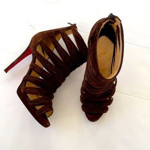 Christian Louboutin Brown Suede strappy caged ankle booties 40